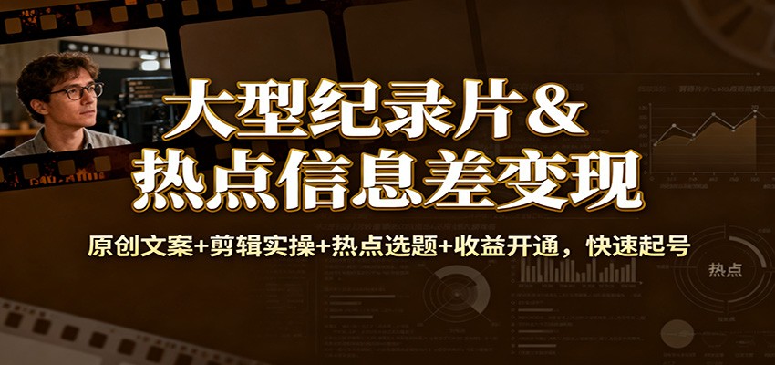 大型纪录片&热点信息差变现:原创文案+剪辑实操+热点选题+收益开通,快速起号 - 雨点资源网