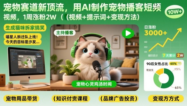 宠物赛道新顶流,用AI制作宠物播客短视频,1周涨粉2W(视频+提示词+变现方法) - 雨点资源网