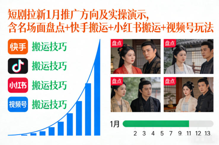 短剧拉新1月推广方向及实操演示，含名场面盘点+快手搬运+小红书搬运+视频号玩法 - 雨点资源网